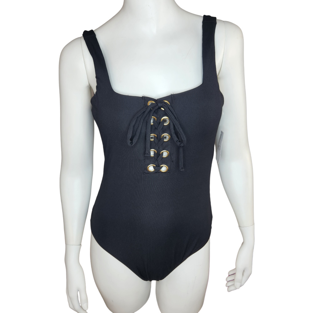 New‎ Rue21 Lace Front Ribbed Black Solid One Piece Swimsuit Womens Small Padded